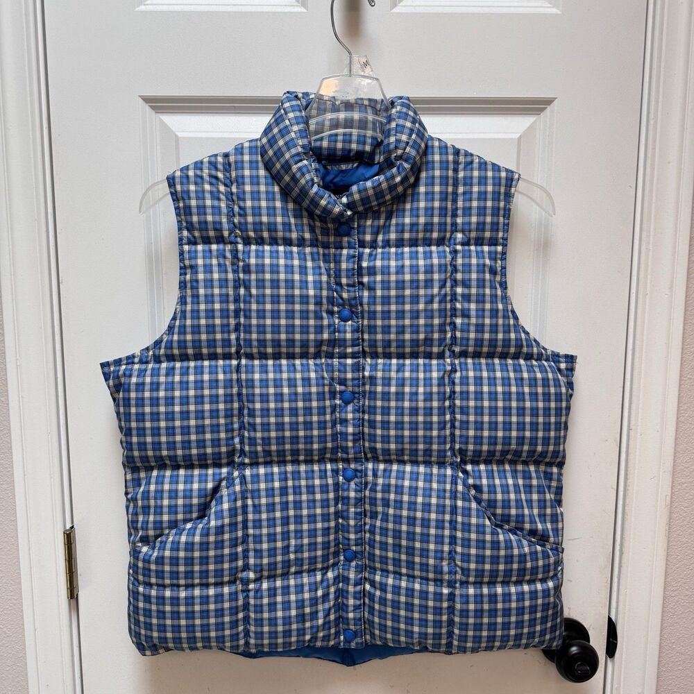 Lands End Down Women’s Insulated Puffer Vest Plaid Preppy Size Large Blue
